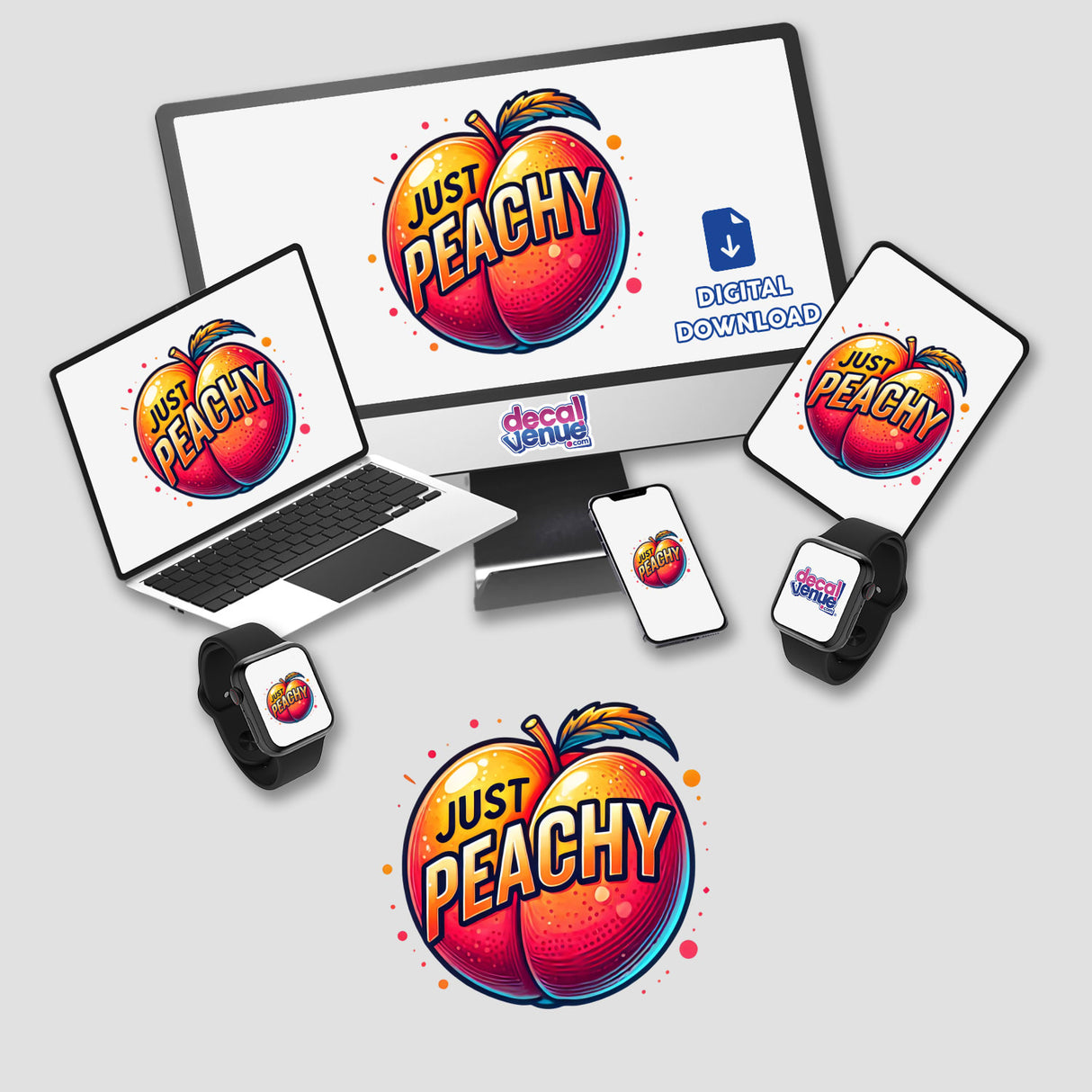Peach Just Peachy digital artwork displayed on a computer monitor and laptop, featuring a peach with a leaf and text. Available as stickers or digital art from Decal Venue.