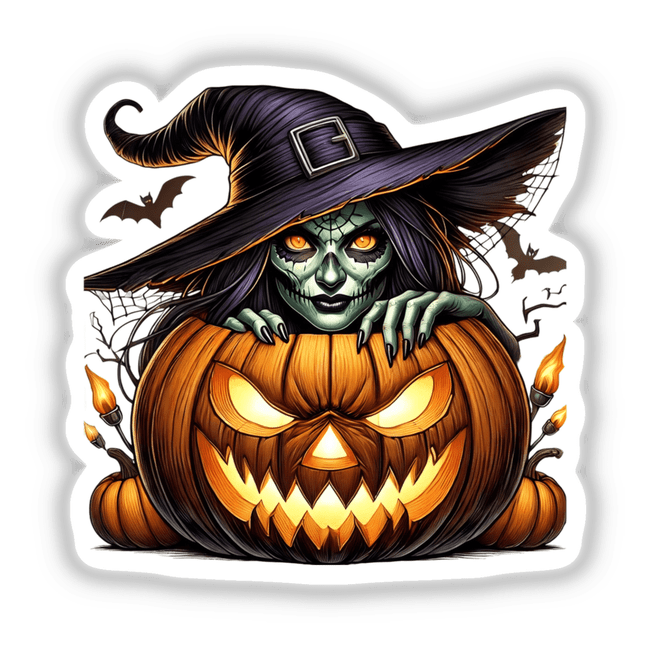 Witch peering out of scary glowing pumpkin with bats and flames, digital artwork