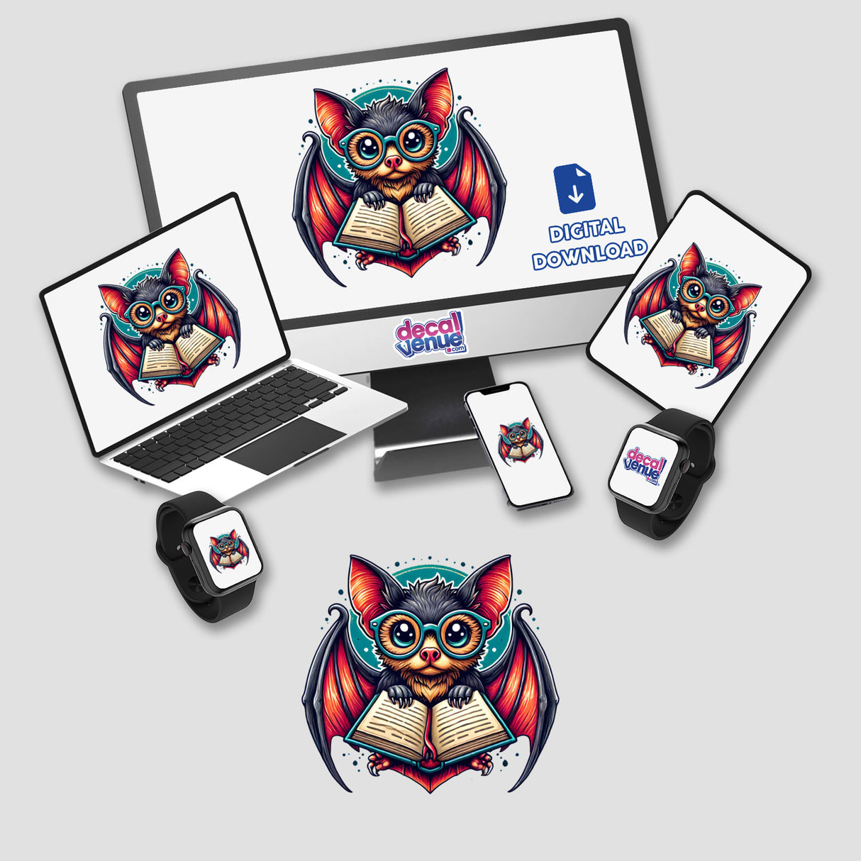 Colorful bat with reading glasses holding an open book on various digital devices and merchandise from Decal Venue, an online store offering unique stickers and digital art.