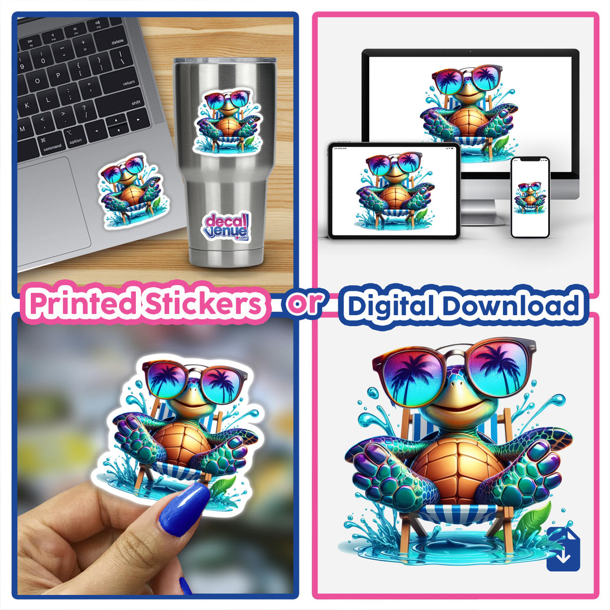 Happy Sea Turtle Sitting in Beach Chair sticker featuring a cartoon turtle wearing sunglasses. The sticker is shown on a computer keyboard, highlighting its playful and decorative appeal.