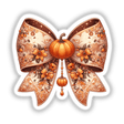 Orange Pumpkin Intricate Coquette Bow featuring a detailed pumpkin adorned with flowers and butterfly wings, available as stickers or digital artwork.
