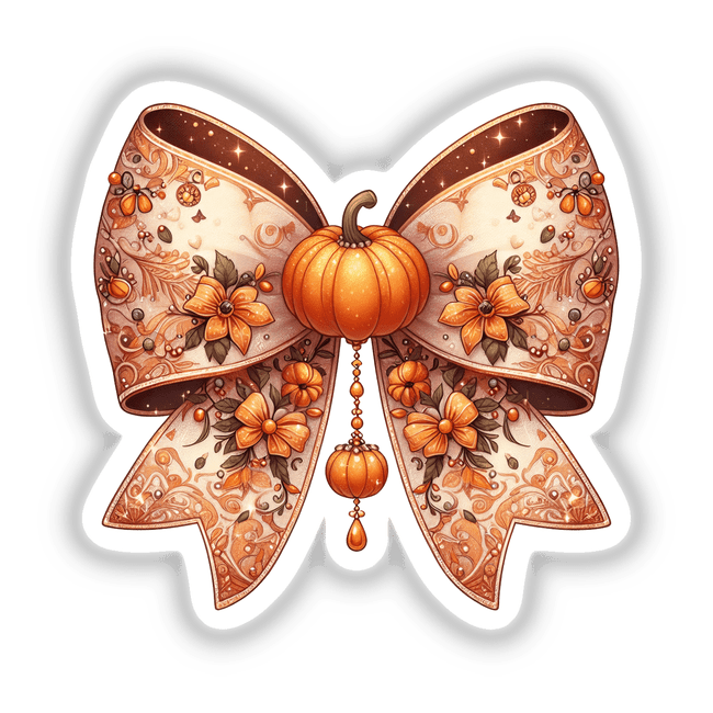 Orange Pumpkin Intricate Coquette Bow featuring a detailed pumpkin adorned with flowers and butterfly wings, available as stickers or digital artwork.
