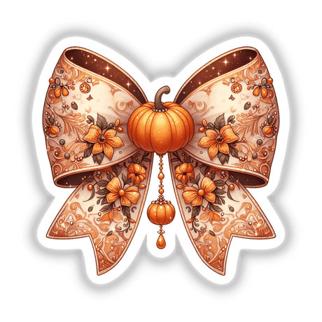 Orange Pumpkin Intricate Coquette Bow featuring a detailed pumpkin adorned with flowers and butterfly wings, available as stickers or digital artwork.