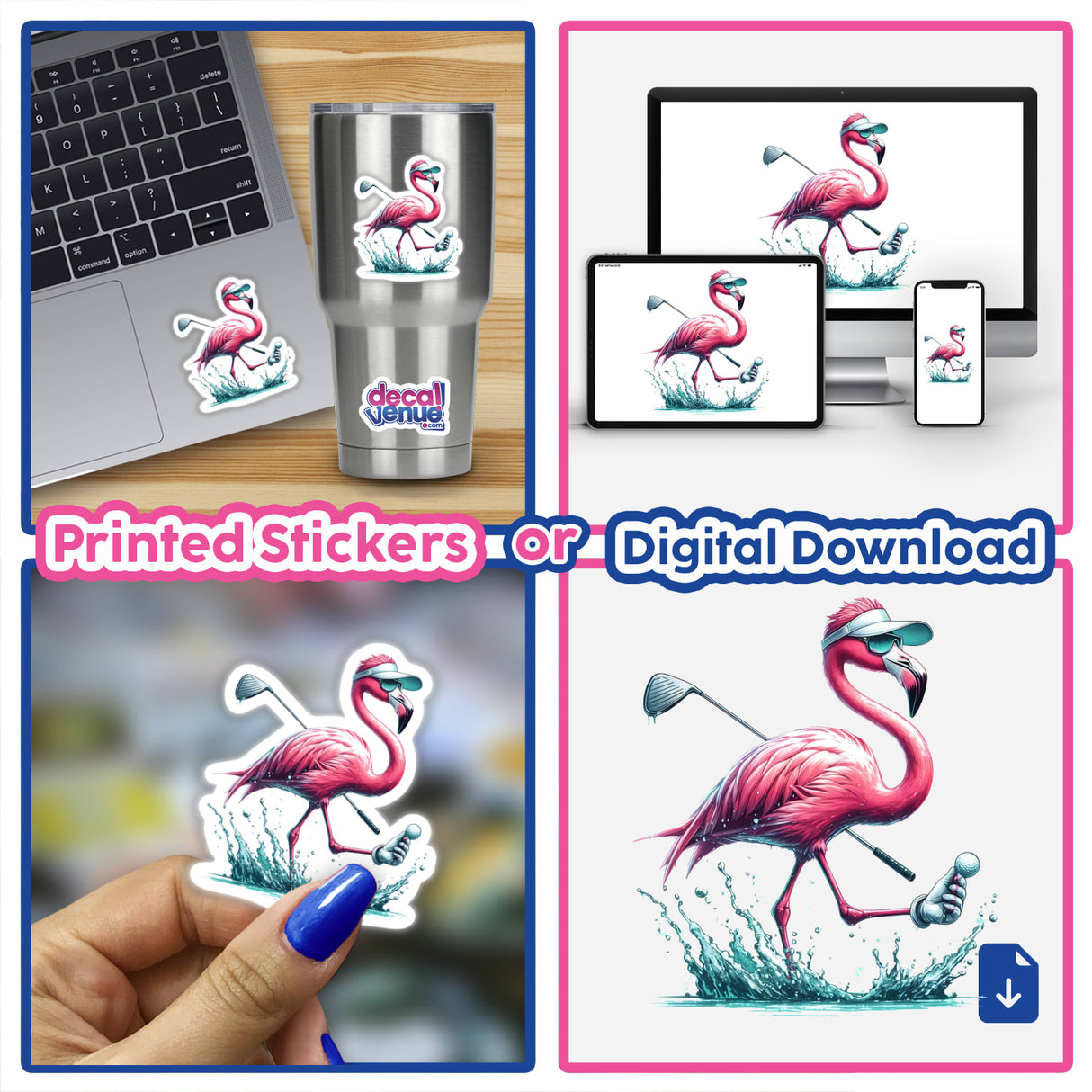 Flamingo Splash Golfer collage featuring whimsical flamingo stickers and digital art, showcasing flamingos with golf clubs and visors. Available as vinyl stickers or digital artwork from Decal Venue.