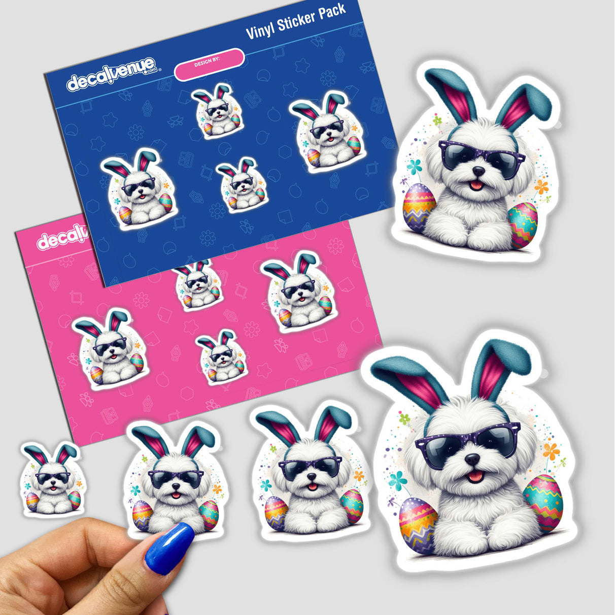 Maltese Easter Bunny sticker featuring a white dog in sunglasses and bunny ears, available as a unique vinyl sticker or digital artwork from Decal Venue.