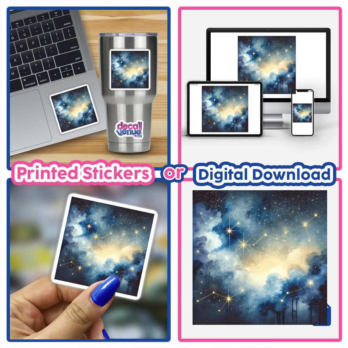 Collage featuring Celestial Night - Watercolor Constellations in a Starry Sky with close-ups of a laptop displaying the artwork, a hand holding a starry print, and detailed finger and mug views.