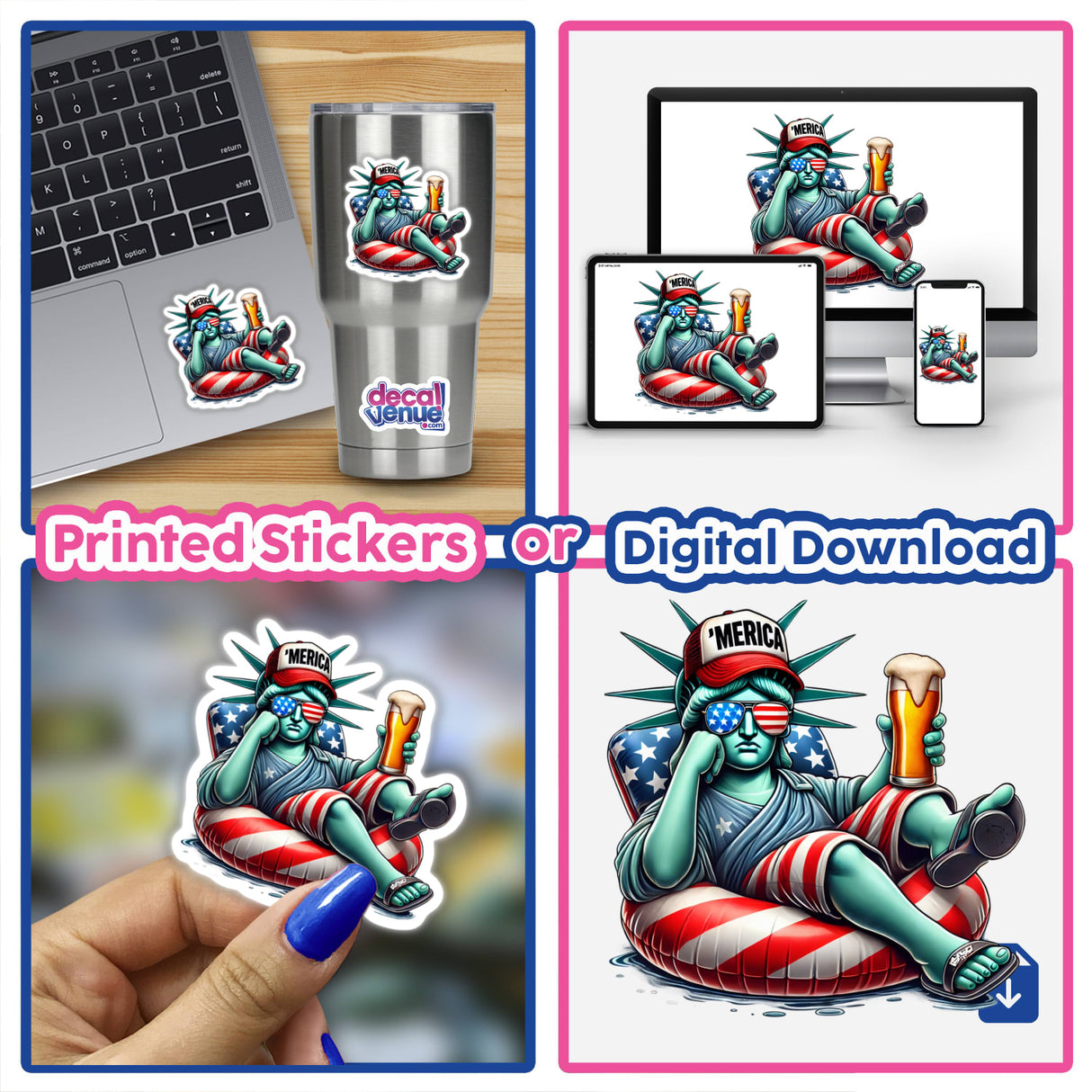 Statue of Liberty American Flag Float Merica sticker collage featuring various designs, including a cartoon holding a beer and another on a laptop, showcasing playful patriotic themes.