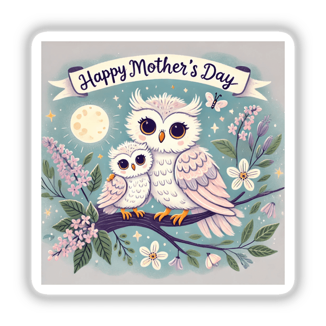 Happy Mother's Day Owl Illustration on a Branch featuring cartoon owls. Available as stickers or digital artwork from Decal Venue, known for unique vinyl stickers and digital art.