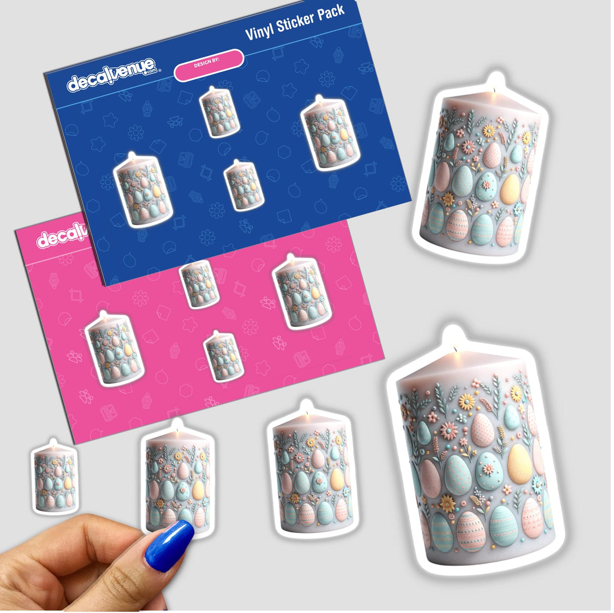Sticker pack featuring Easter Decorated Candle with Egg Designs, showcasing intricate candle illustrations adorned with eggs and flowers. Available as both stickers and digital artwork.