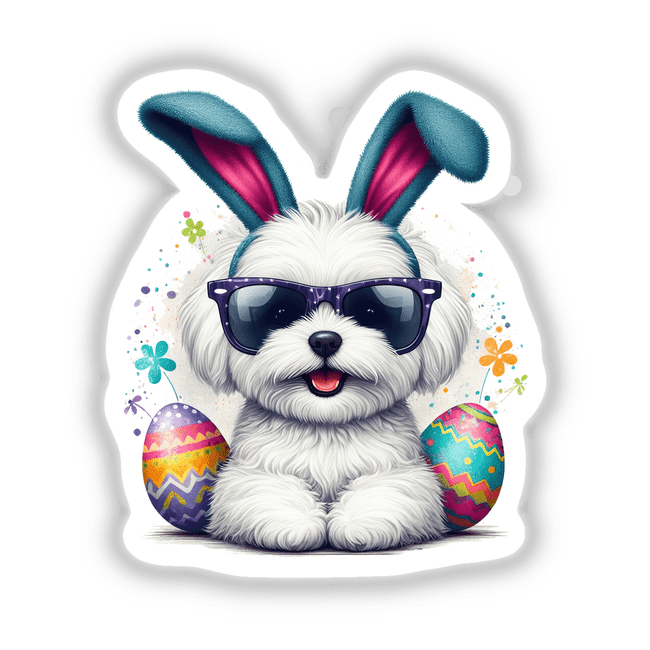 Maltese Easter Bunny: A playful depiction of a white dog in sunglasses and bunny ears, embodying whimsical charm. Available as unique stickers or digital artwork from Decal Venue.