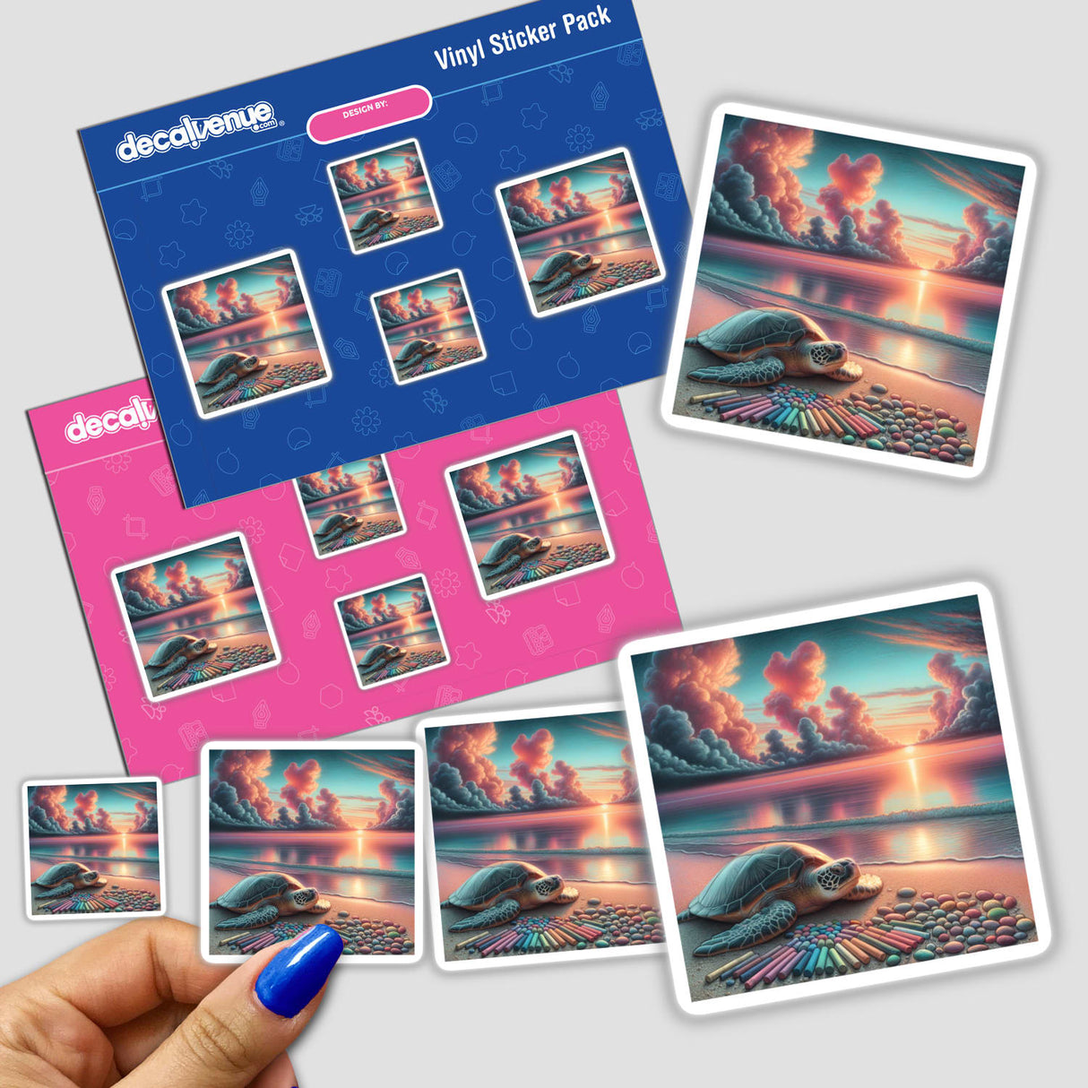 Turtle on a Sandy Shore at Sunrise Chalk Art sticker features a serene turtle on a beach with a vibrant sunset, ideal for unique decor from Decal Venue.