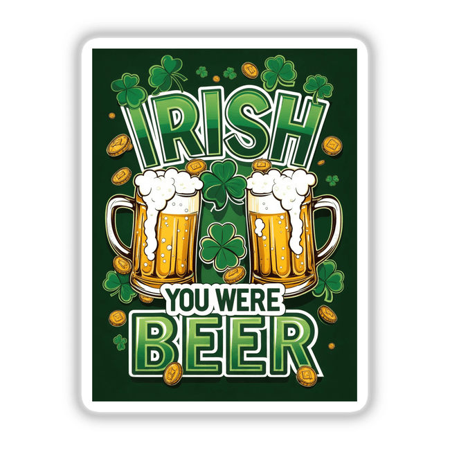 Festive Irish Design with Beer Mugs, Shamrocks, and Gold Coins, showcasing cartoon beer mugs and clovers, available as unique stickers or digital artwork from Decal Venue.