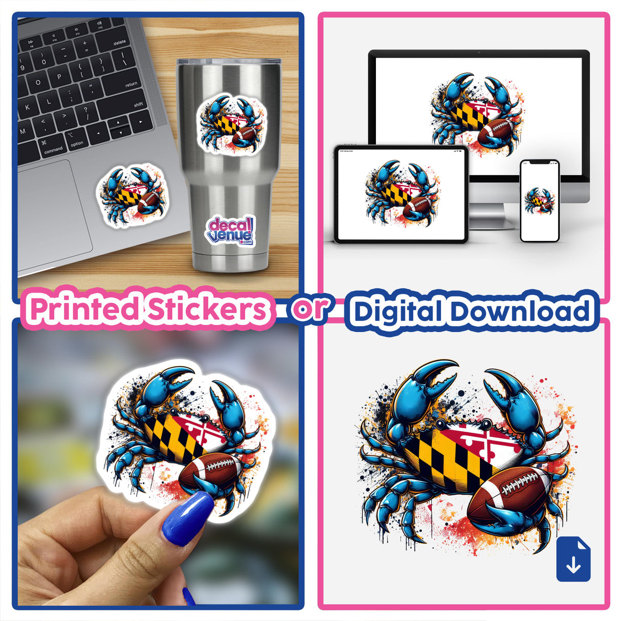 Colorful digital artwork featuring a Maryland blue crab with a football, showcased on various products and devices.