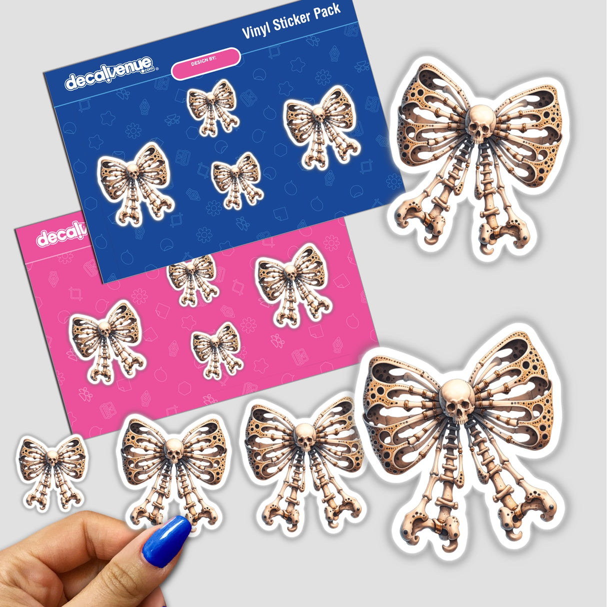 Skeleton Bones Coquette Bow sticker pack featuring skulls, bones, and bows. Perfect for adding a gothic touch to your collection from DecalVenue.