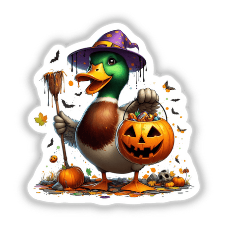 Halloween Mallard Duck Witch: A cartoon duck holding a pumpkin and a broom, wearing a purple hat, available as stickers or digital artwork.