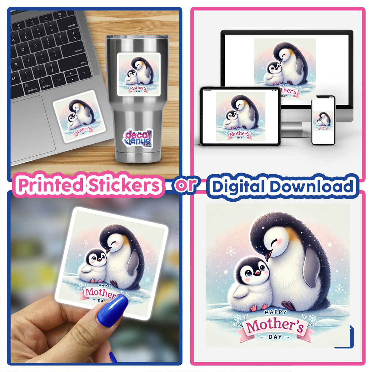 Mother Penguin With Chick For Mothers Day, available as stickers or digital artwork, depicting a tender moment between a mother penguin and her chick, emphasizing warmth and familial bond.