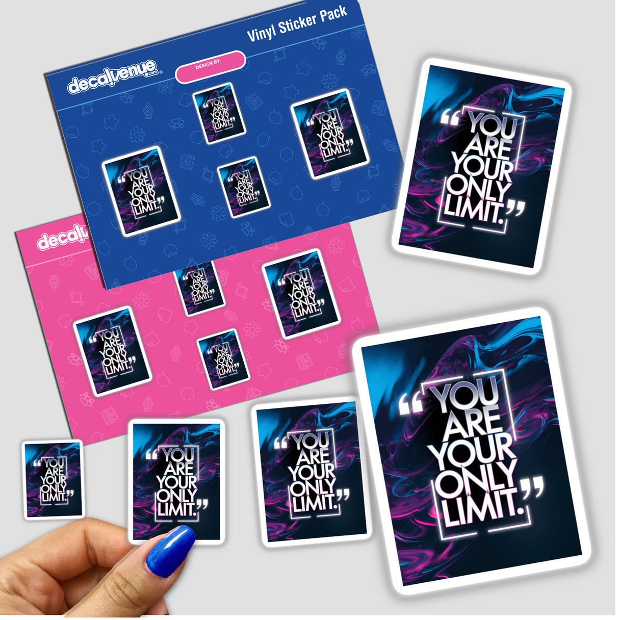 Hand holding a sticker pack featuring the motivational phrase You are your only limit, showcasing Decal Venue's unique vinyl stickers and digital art offerings.