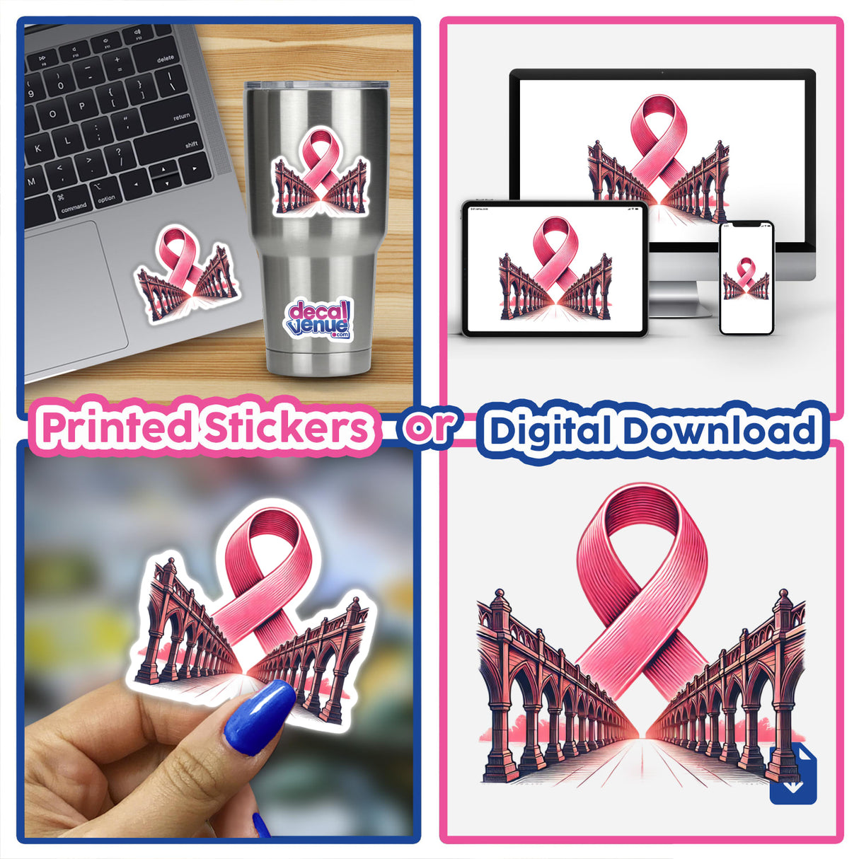 Pink Ribbon Bridge design collage featuring pink ribbons on various surfaces, including a bridge, laptop, and screen, showcasing Decal Venue's unique stickers and digital art for awareness projects.