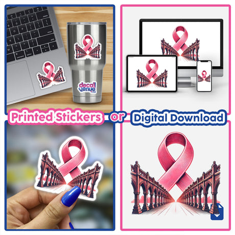 Pink Ribbon Bridge design collage featuring pink ribbons on various surfaces, including a bridge, laptop, and screen, showcasing Decal Venue's unique stickers and digital art for awareness projects.