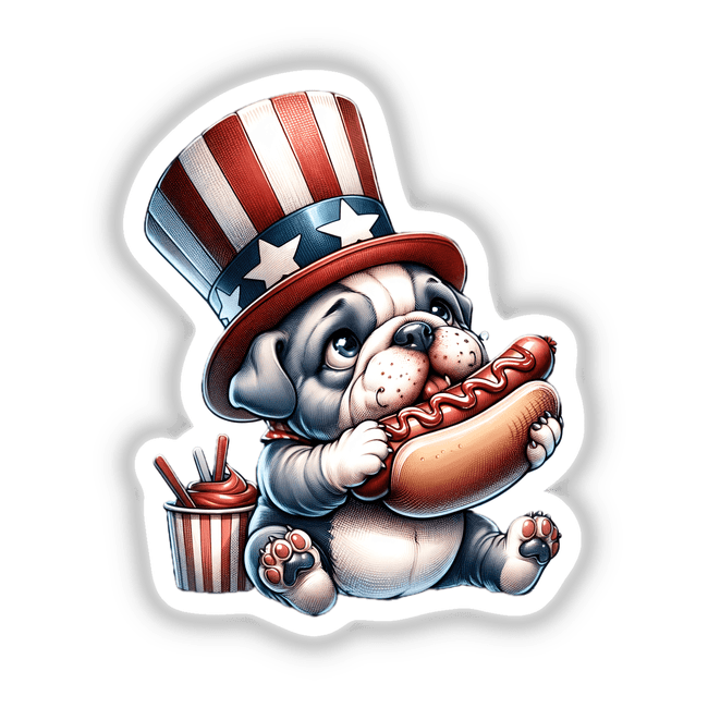Bulldog Wearing Uncle Sam Hat Eating a Hot Dog