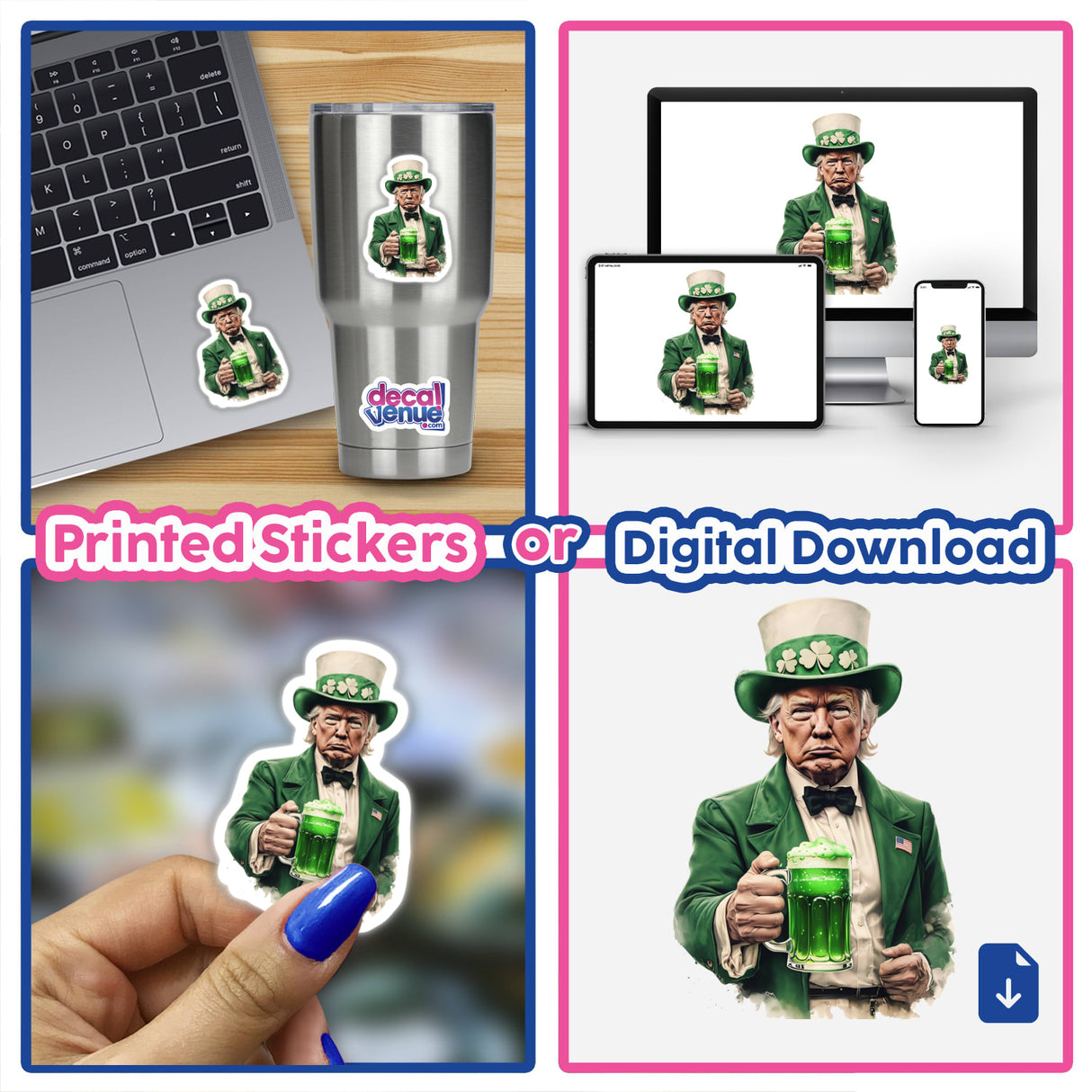 Leprechaun Trump Holding Green Beer depicted in a collage; a man in a green suit with a mug of green liquid, available as stickers or digital artwork.