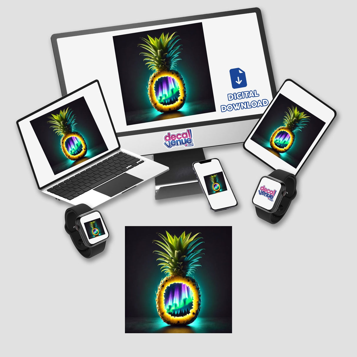 Computer monitor and laptop displaying Aurora in the Tropics Northern Lights Inside a Pineapple, available as stickers or digital artwork from Decal Venue.