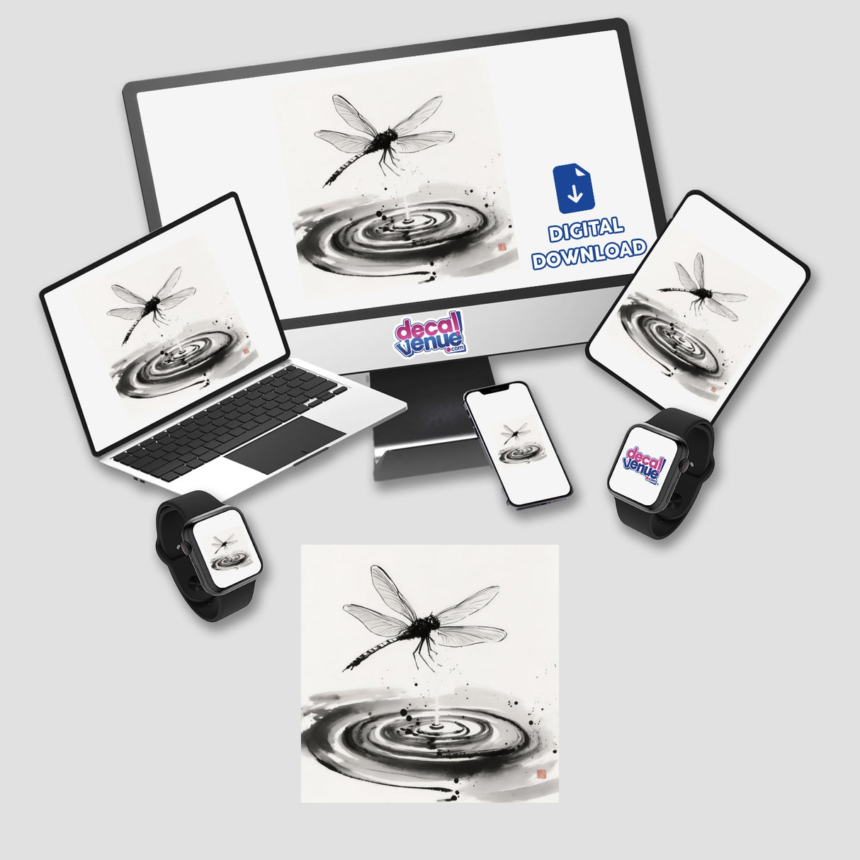 Dragonfly Over Water Sumi-e Japanese Watercolor Scene, available as stickers or digital artwork, depicting a delicate dragonfly hovering over rippling water in a traditional Japanese painting style.