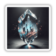 City of Glass Urban Skyline Inside a Crystal: Digital artwork depicting a city with a large tower encased within a glass-like crystal, available as stickers or digital artwork from Decal Venue.