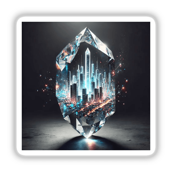City of Glass Urban Skyline Inside a Crystal: Digital artwork depicting a city with a large tower encased within a glass-like crystal, available as stickers or digital artwork from Decal Venue.
