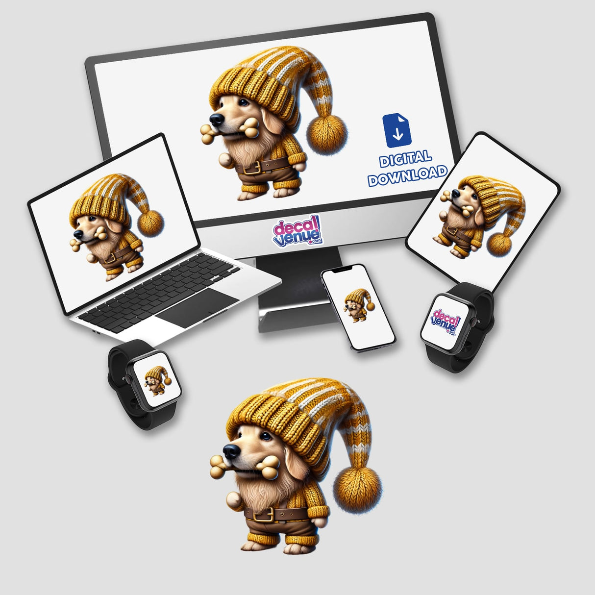 Golden Retriever Gnome with Dog Bone digital artwork displayed on a computer monitor, laptop, and phone, featuring a cartoon dog in a knitted hat holding a bone. Available as stickers or digital artwork.