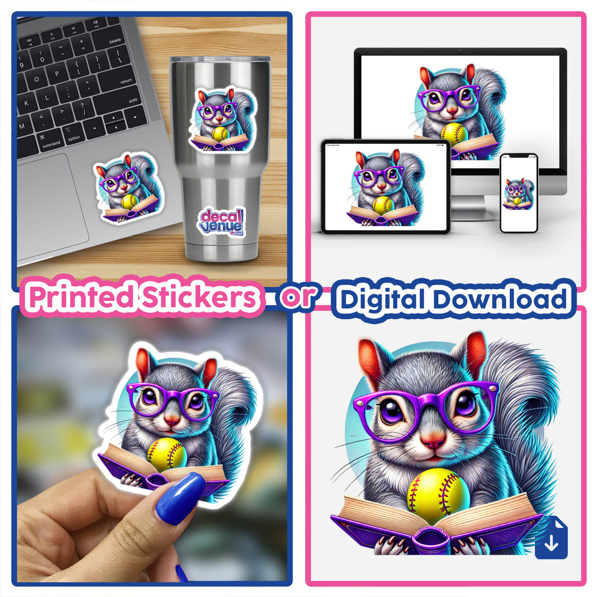 Squirrel Reading a Book with Purple Glasses and Softball sticker collage, featuring a squirrel holding a book and baseball, available as stickers or digital artwork.