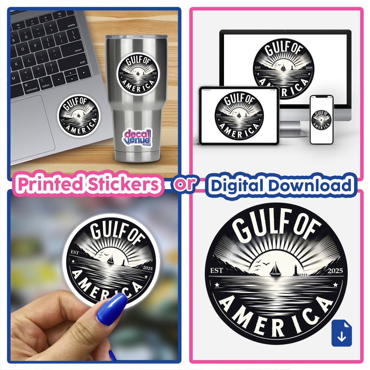 Collage featuring a laptop with a Gulf of America Est 2025 sticker, illustrating Decal Venue's unique vinyl sticker and digital artwork collection.