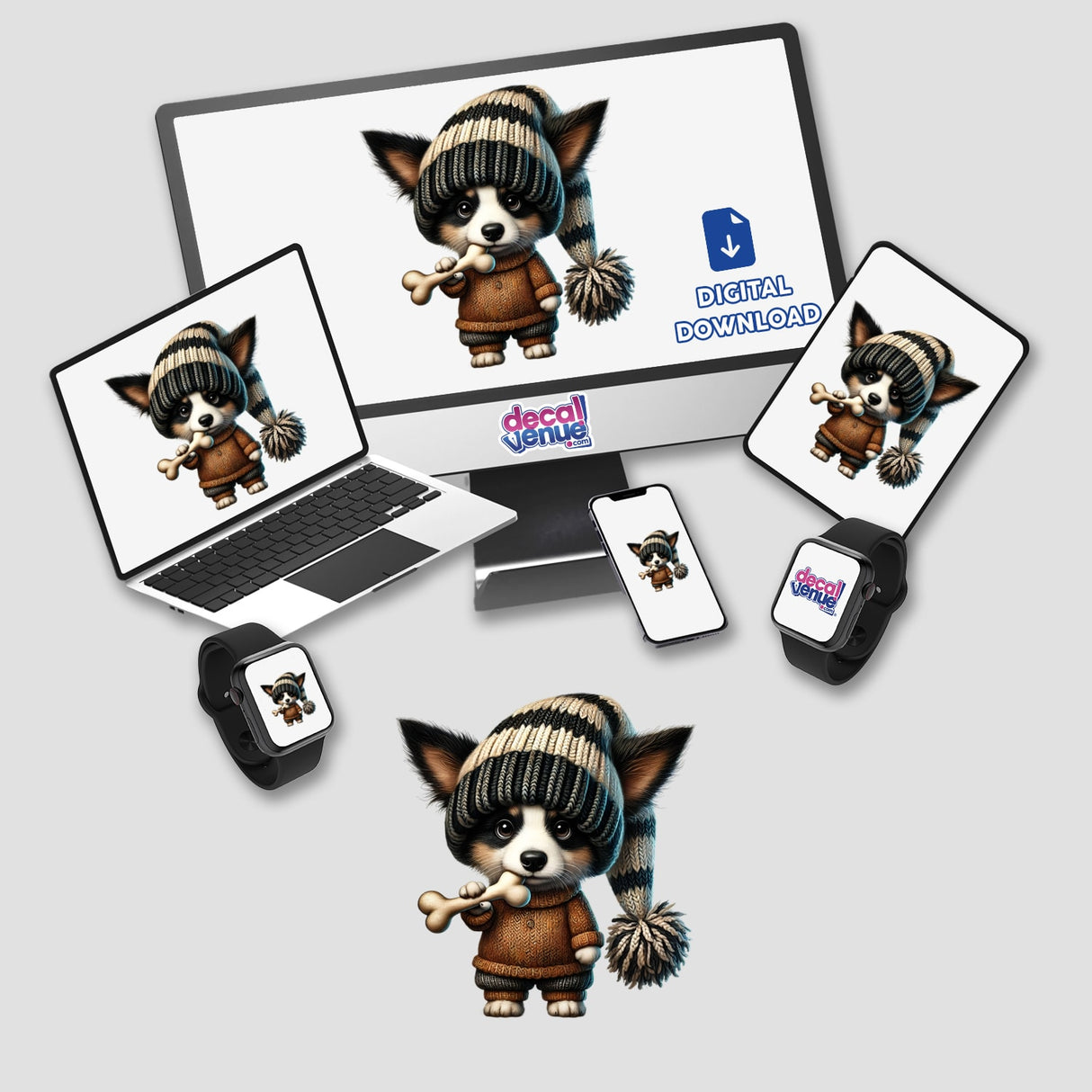 Border Collie Gnome Holding Dog Bone displayed on a computer screen and laptop, available as stickers or digital artwork from Decal Venue.
