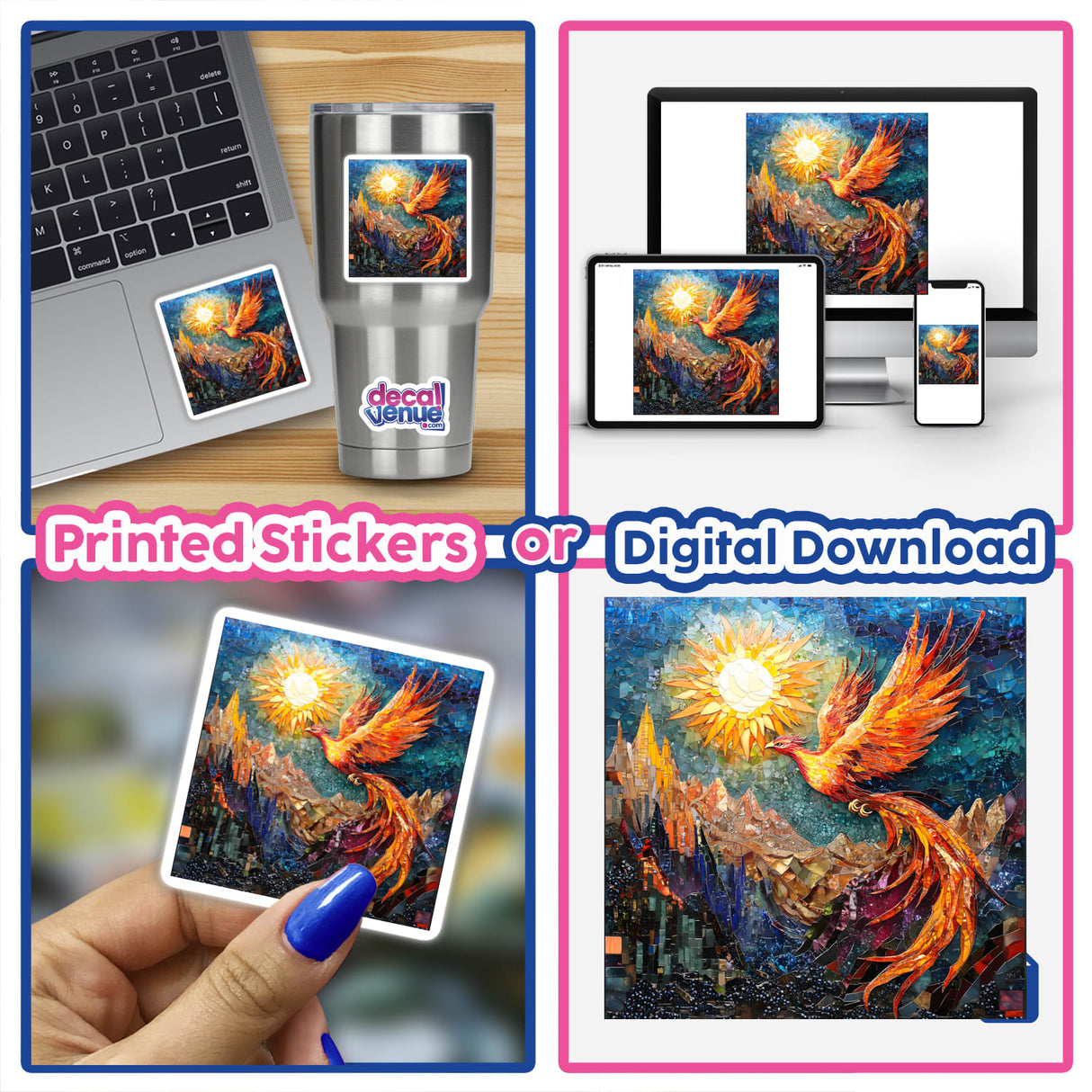 Phoenix Soaring Over Mountains Mosaic, showcased as a collage of images featuring a bird on a laptop, a hand holding the artwork, and a close-up of the intricate mosaic details.