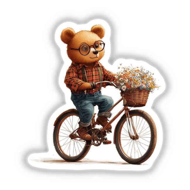Bear Riding Bicycle with Basket of Flowers