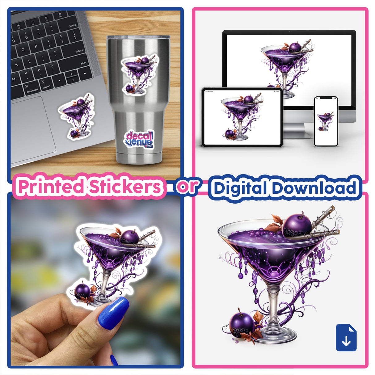 Collage featuring a Spooky Purple Martini, with a laptop and a glass of purple liquid, highlighting unique stickers and digital art.