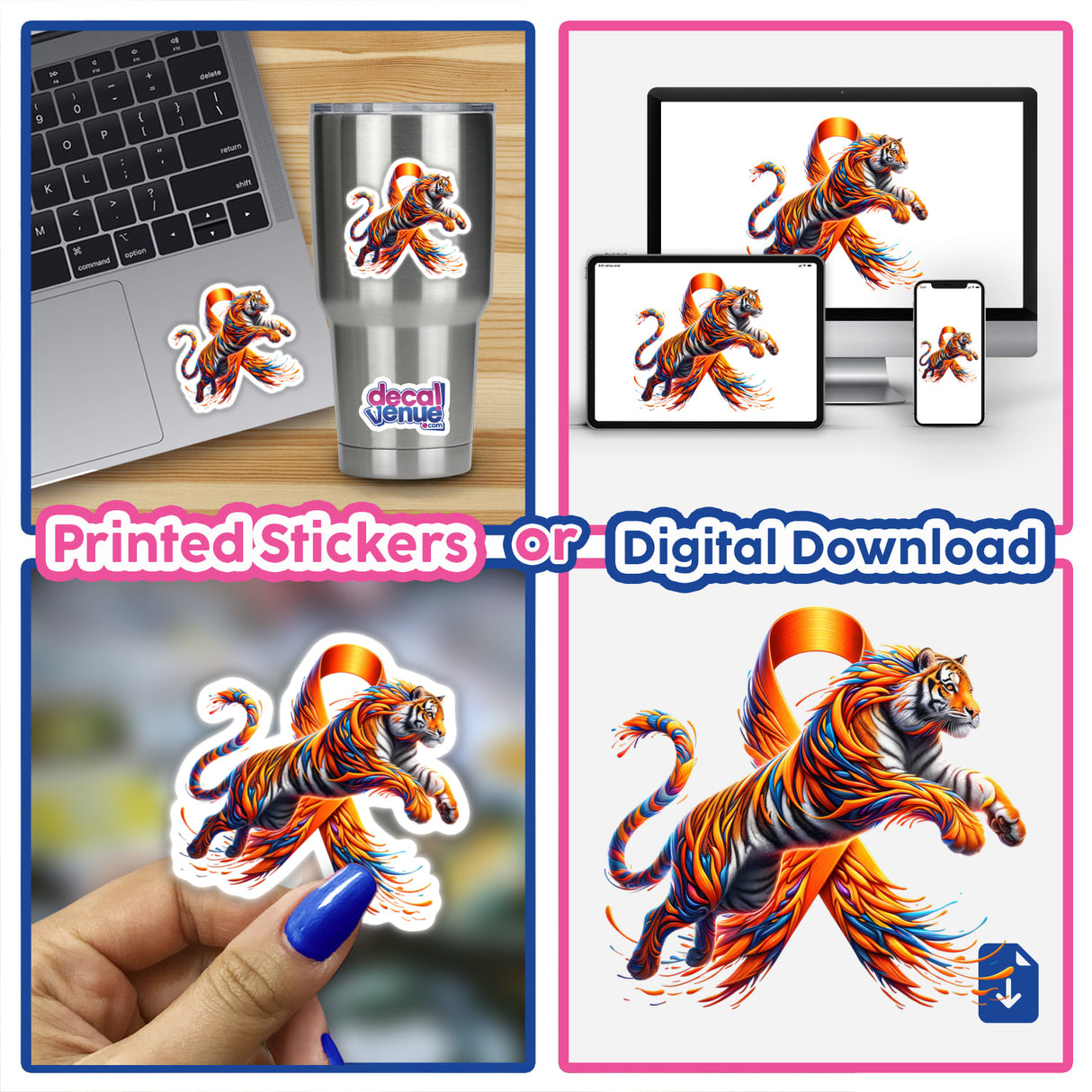 Tiger Orange Ribbon Leukemia Awareness sticker collage, featuring cartoon tigers adorned with ribbons and feathers, displayed on laptops and cups, available as vinyl stickers or digital artwork.