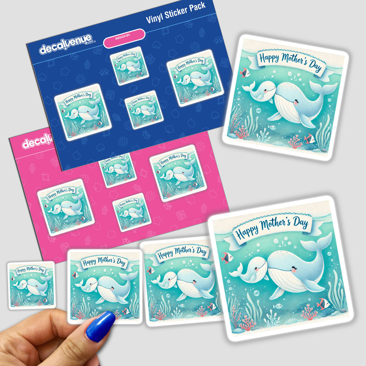 Happy Mothers Day Whales Underwater Illustration featuring stickers of whales and sea creatures. Includes a card with a whale and fish, ideal for unique vinyl stickers or digital art enthusiasts.