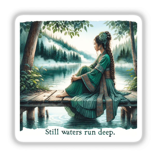 Woman on a Wooden Pier by a Lake – “Still waters run deep”: A woman in a green dress sits on a dock, gazing at the tranquil lake, available as stickers or digital artwork.