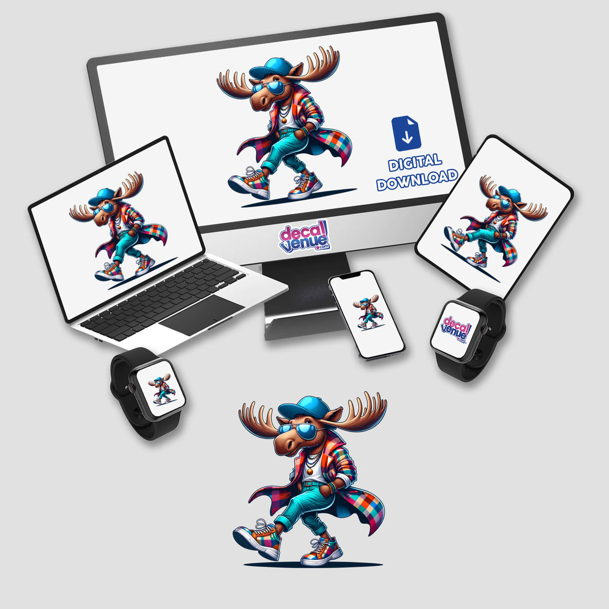 Hipster Moose digital artwork displayed on a computer monitor, laptop, and smartwatch; featuring a cartoon moose wearing sunglasses and a hat. Available as stickers or digital art.