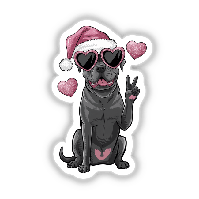 Christmas Santa Pitbull Dog Peace Sign II: Illustration of a pitbull wearing sunglasses and a Santa hat, available as unique stickers or digital artwork from Decal Venue.