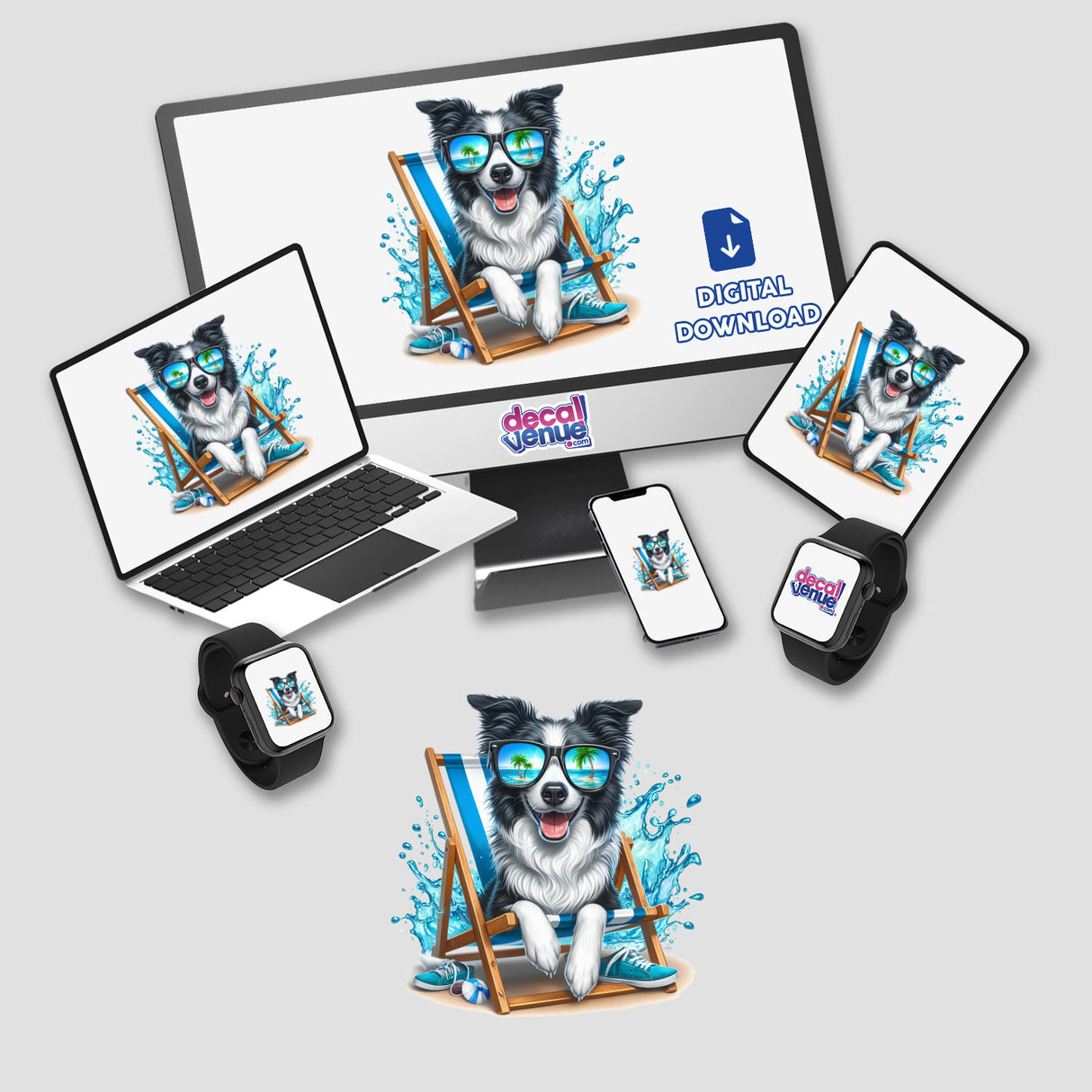 Peeking Border Collie Sitting in Beach Chair featured on a computer monitor and laptop screen, available as unique stickers or digital artwork from Decal Venue.