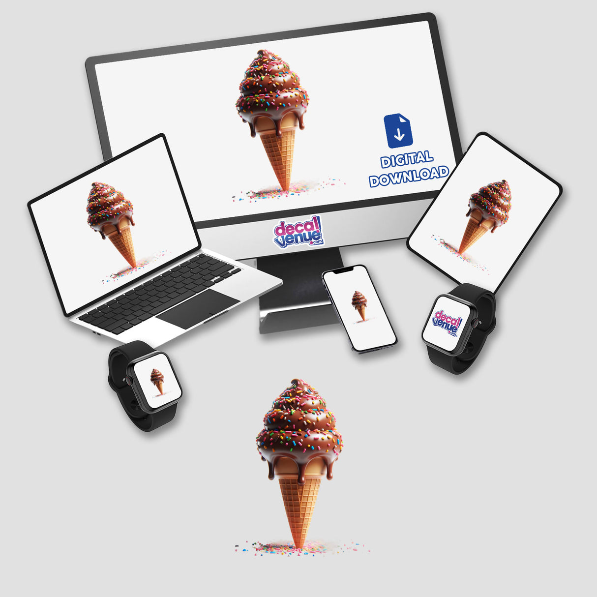 Colorful chocolate ice cream cone with sprinkles on display across various digital devices, showcasing the product offering from Decal Venue.