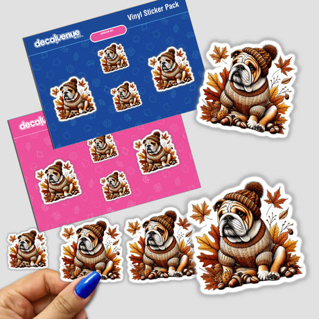 Autumn Bulldog in Cozy Sweater: Digital artwork stickers with a colorful design featuring a cute bulldog wearing a cozy sweater and surrounded by autumn leaves.