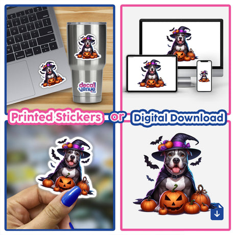 Halloween Pitbull Dog Dracula Cape and Witch Hat sticker collage, featuring a dog in a Dracula cape and witch hat, showcased on various items like a laptop and a hand.
