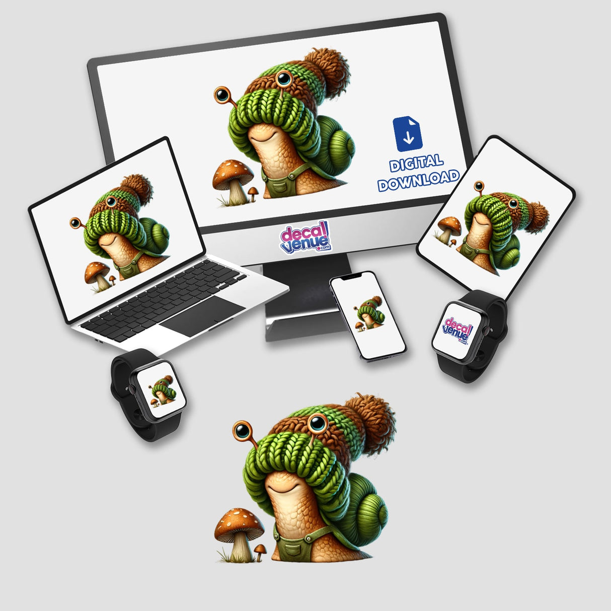Snail Gnome with Mushroom: A cartoon snail wearing a knitted hat, displayed on a computer monitor and laptop, available as stickers or digital artwork.