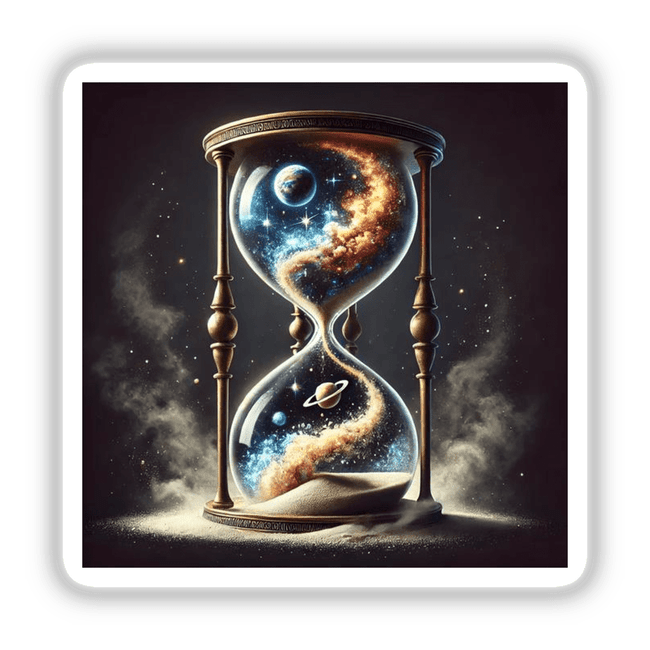 Timeless Sand - Hourglass Filled with Cosmic Dust: An hourglass featuring planets and stars inside, perfect for space-themed decor by DecalVenue.