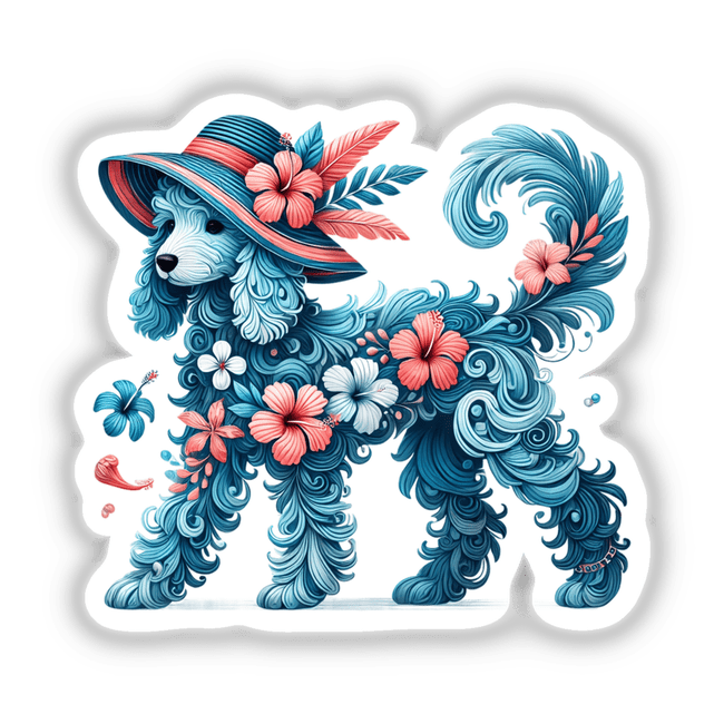 Poodle Dog in Summer Beach Hibiscus Hat digital artwork featuring a whimsical poodle adorned with flowers and feathers, perfect for creative projects and personalizing items.