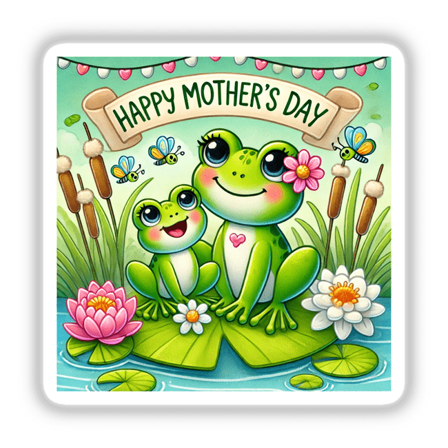 Happy Mothers Day with Frogs and Flowers on Lily Pad displayed as stickers or digital artwork, featuring playful frogs and vibrant flowers on lily pads, showcasing Decal Venue's unique design style.