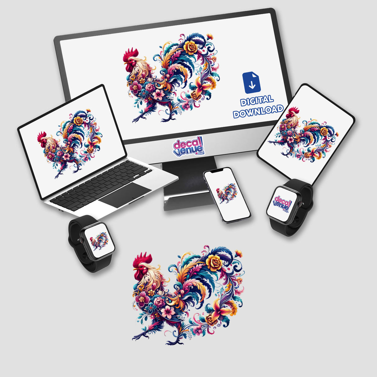 Floral Rooster sticker or digital artwork displayed on various screens, including a laptop, monitor, and smart watch, featuring a vibrant rooster surrounded by flowers.